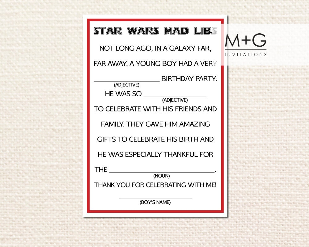 Star Wars Birthday Party Mad Libs Thank You Note Card Digital