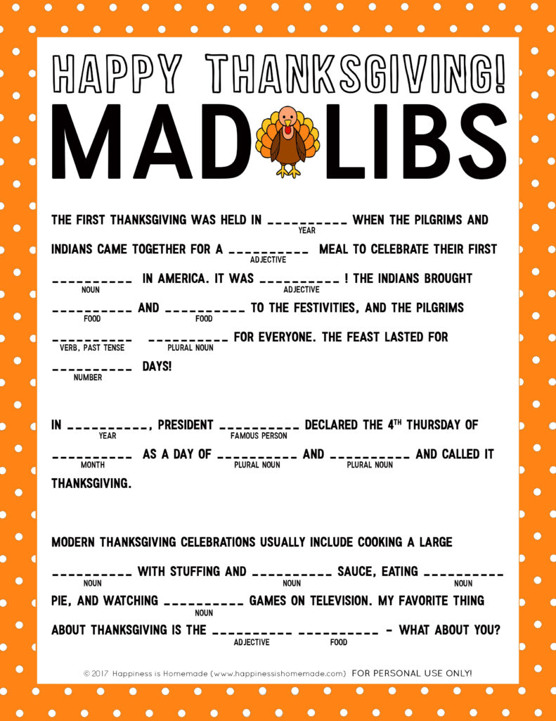 Thanksgiving Dinner Mad Lib Esl Mad Libs For Adults Free 