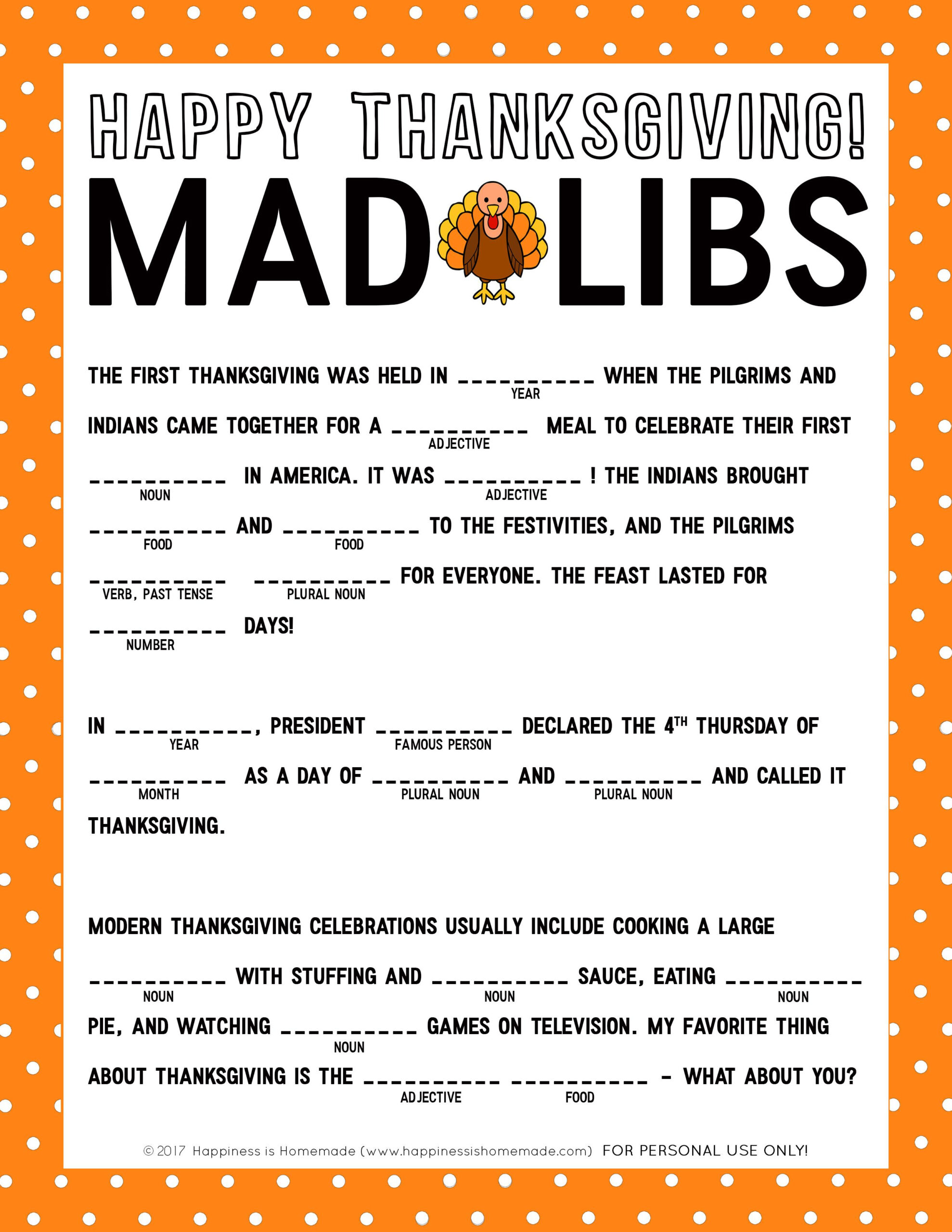 Thanksgiving Mad Libs Printable Thanksgiving Mad Lib Thanksgiving