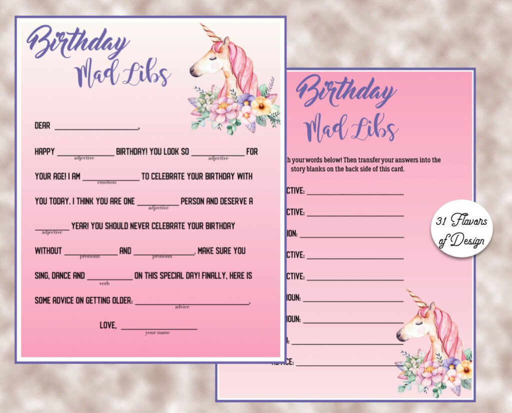 Unicorn Party Girls Birthday Party Mad Libs Birthday Mad Etsy In 2021 