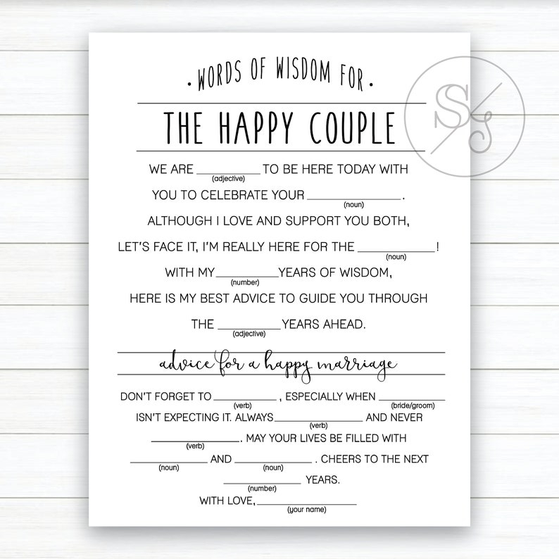 Wedding Mad Libs Wedding Activity Well Wishes For Couple Etsy