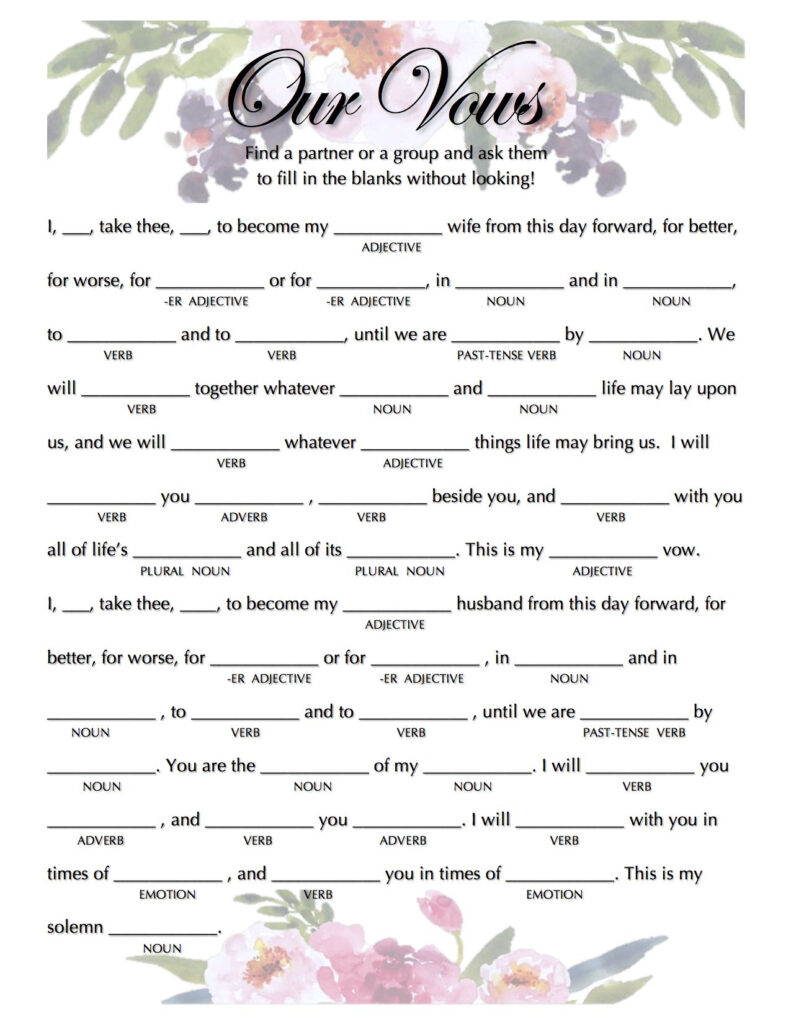 Wedding Vow Mad Libs Wedding Vow Mad Libs Nouns And Adjectives Wedding