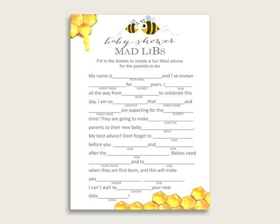 Yellow White Mad Libs Baby Shower Gender Neutral Game Printable Bee 