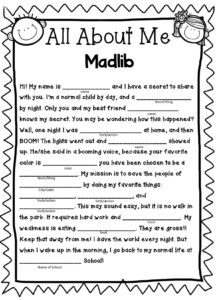 All About Me Madlib Kids Mad Libs Mad Lib For Kids Mad Libs