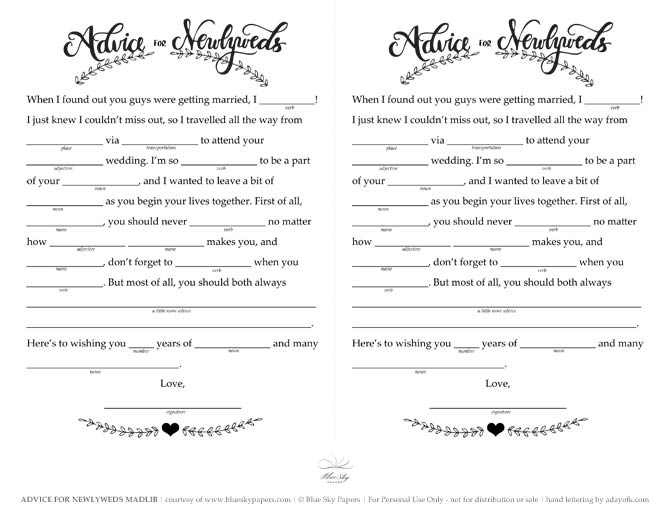 Free Wedding Mad Libs Printable The Blue Sky Papers Blog