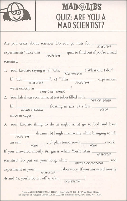 Mad Scientist Mad Libs Price Stern Sloan 9780843180572