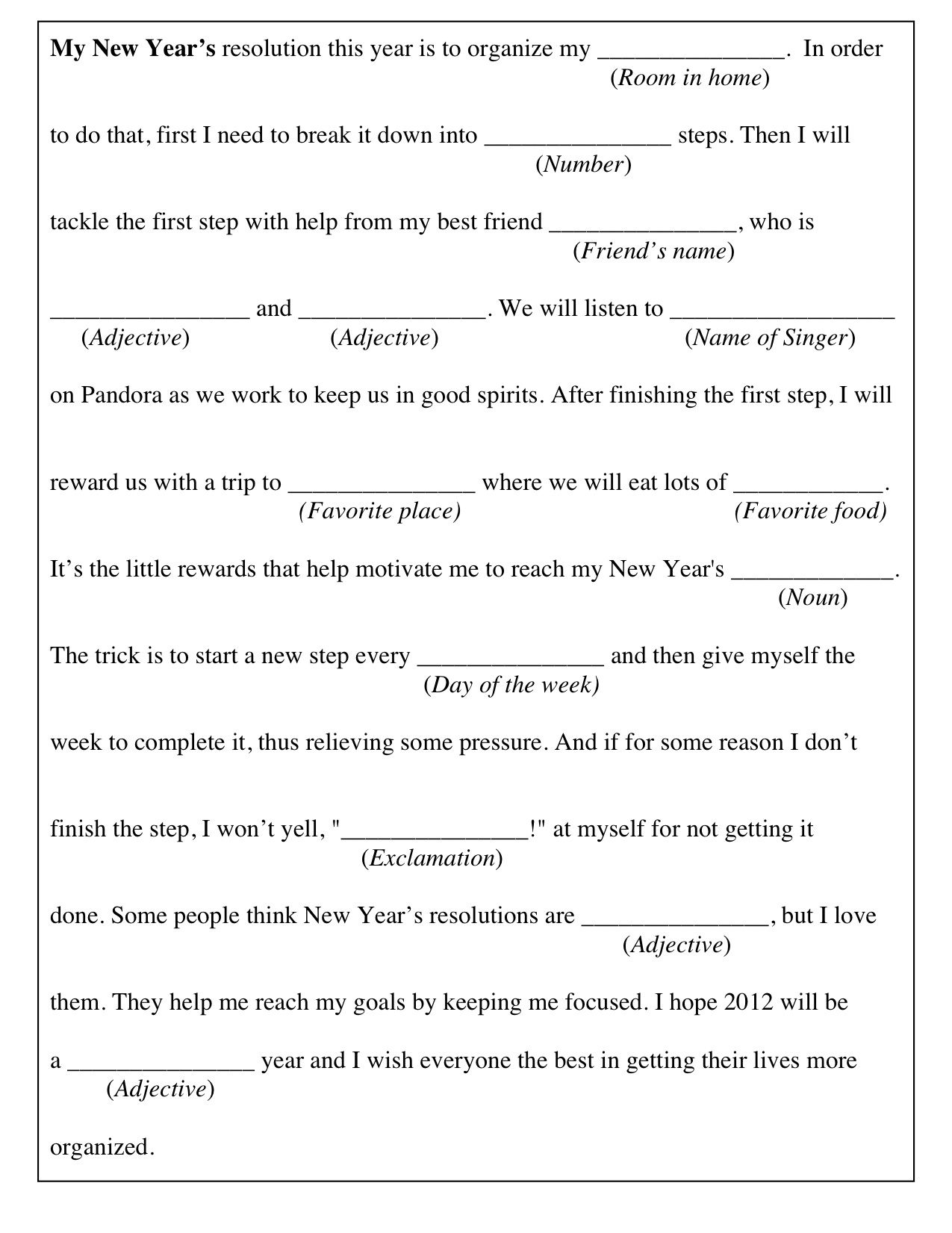 New Year s Resolutions Mad Libs Style New Year s Eve Activities 
