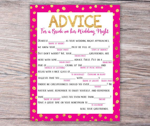 Printable Wedding Mad Lib Shower Game Advice To The Bride On Her 