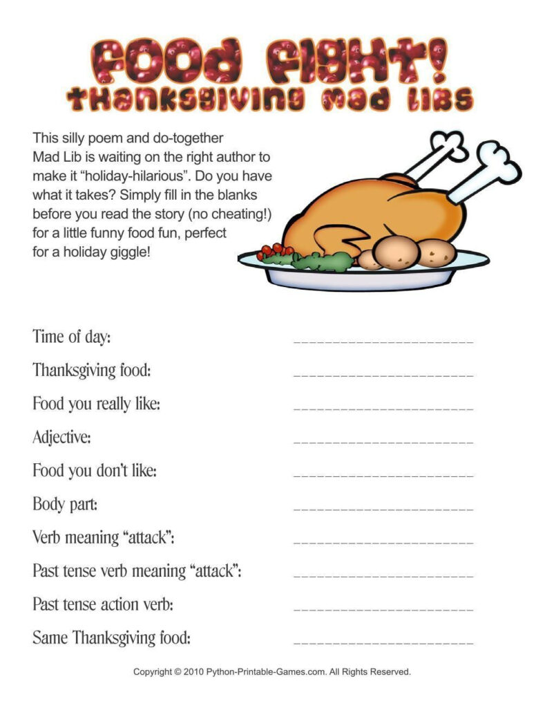 Thanksgiving Food Fight Mad Libs