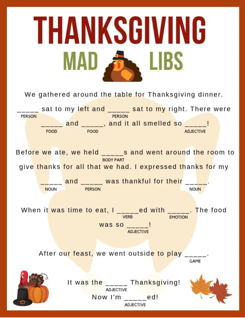 Thanksgiving Mad Libs Printable Printable Word Searches