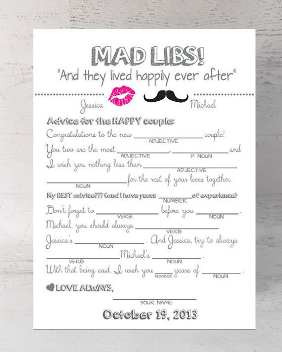 Wedding Mad Libs DIY Printable Marriage Advice Reception Table Card 