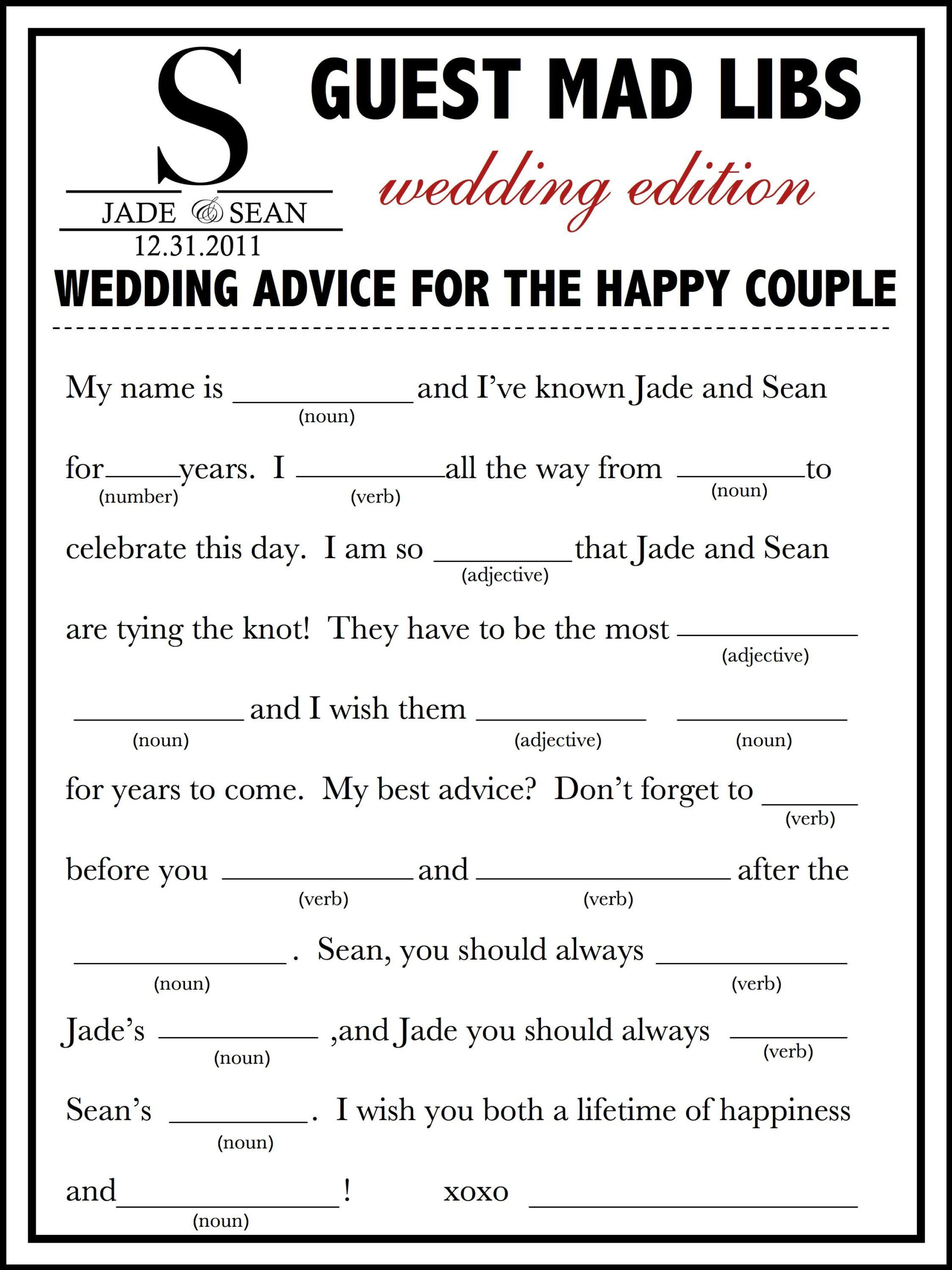 Wedding Mad Libs Free Printable Printable World Holiday