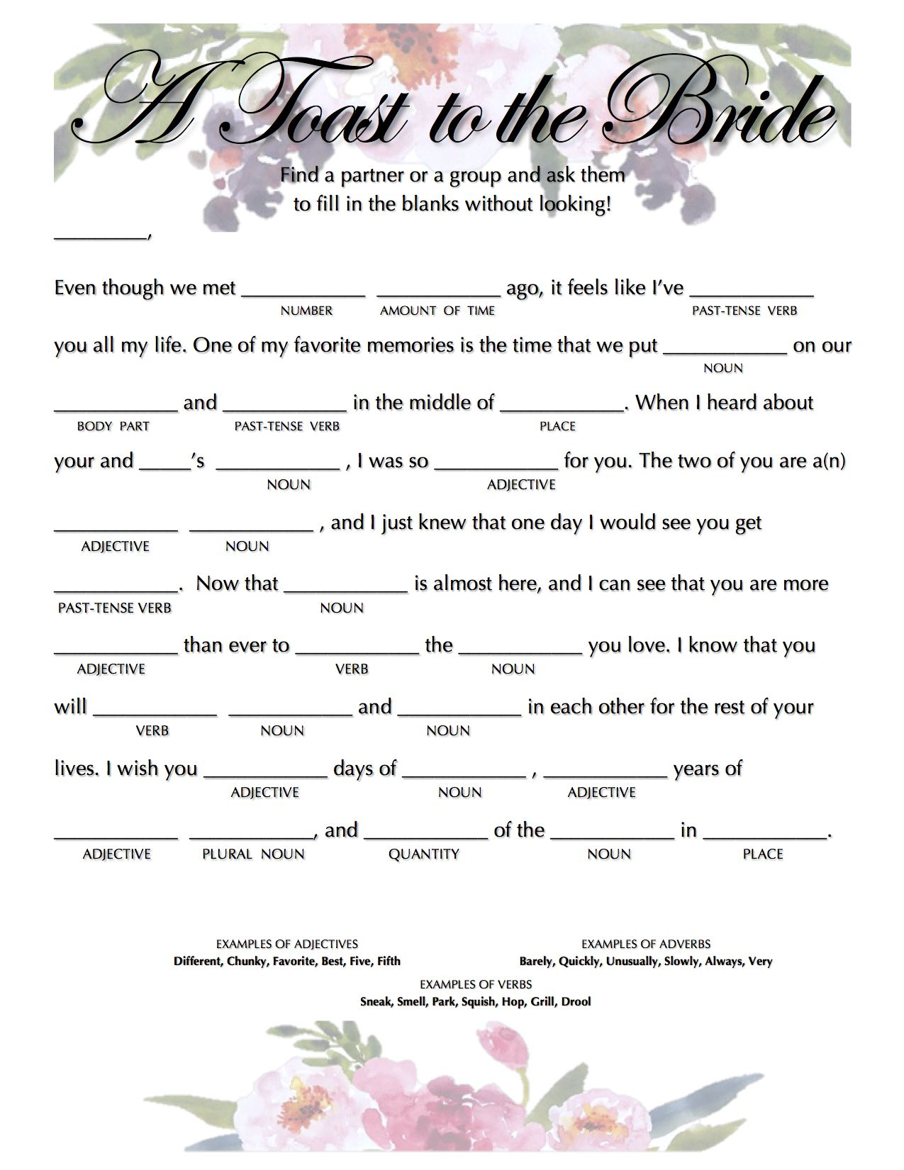 Wedding Toast Mad Libs Wedding Mad Libs Wedding Vows Engagement Party